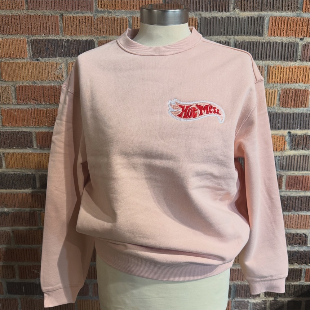Women's Soft Pink Crewneck Sweatshirt with 'Hot Mess' Embroidered Logo
